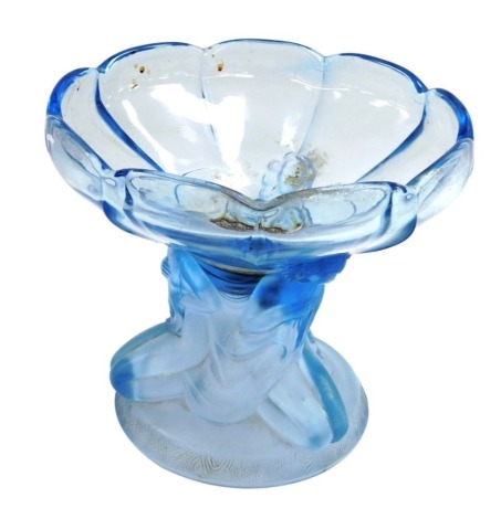 An Art Deco frosted and clear blue glass bowl, of lobed form, raised on a stem moulded with the Three Graces, 23cm wide.