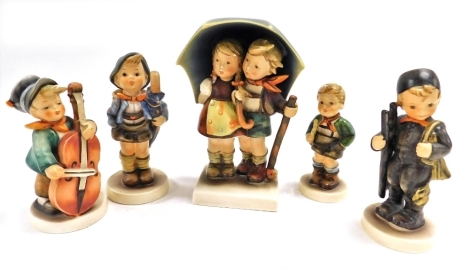 Five Hummel figures, comprising Stormy Weather, Sweet Music, Home From Market, Trumpet Boy, and Chimney Sweep.