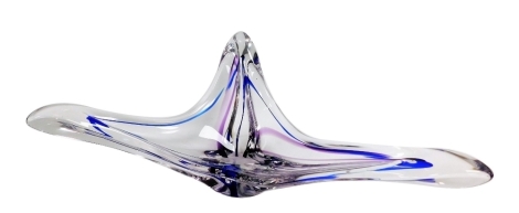 A Max Verboeker clear blue and amethyst glass bowl, of chevron form, etched signature and Maastricht, 48cm wide.