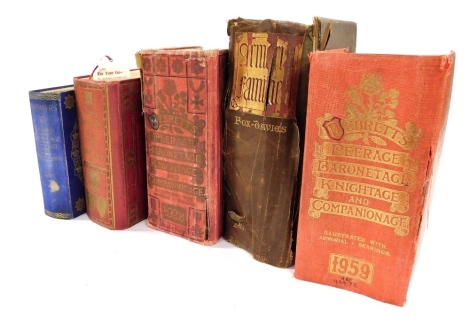 Fox-Davies, Armorial Families. Fourth edition, published 1902, together with Debrett's Peerage, Baronetage, Knightage, and Companionage 1959 and 1928, Whitaker's Peerage 1916 and Kelly's Handbook Through The Titled Landed and Official Classes 1942. (5)