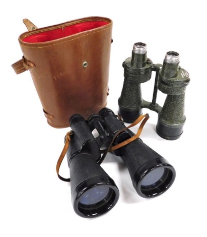 A pair of military binoculars, bino prism, number 5 MK4 X7, number 67149, together with a pair of Lieberman and Gortz 12x65 binoculars, cased. (2)