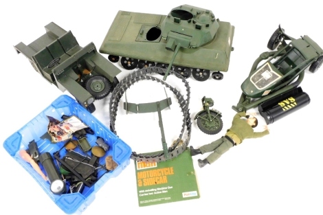 An Action Man figure, accessories, torch, Chieftain tank Jeep, etc. (AF)