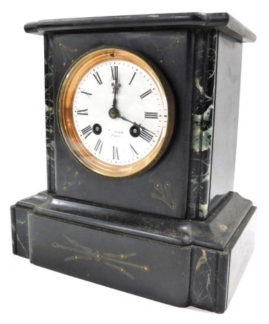 A late 19thC French slate and marble clock, circular enamel dial bearing Roman numerals, Japy Freres et Cie eight day movement with bell strike, the case of conventional form, no pendulum, with key, 23cm high, 22cm wide.