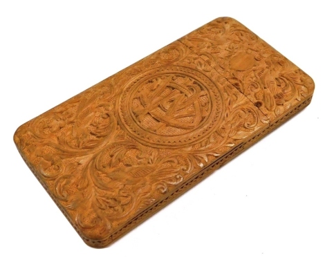 A late 19thC Continental olive wood calling card case, carved with animals, birds and scrolling leaves, circular monogram reserve and vacant shield, 9.5cm high.