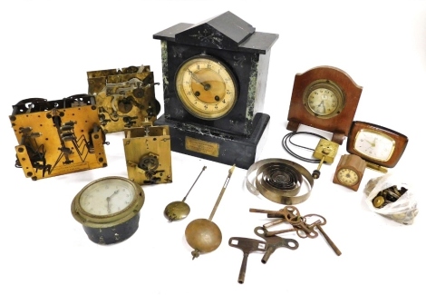 A Victorian slate and marble mantel clock, with brass dial and chapter ring bearing Arabic numerals, Smith's car clock, further eight day car clock, Europa mantel clock, clock movements, etc. (a quantity)