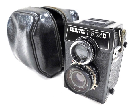 A Lubitel 166B camera, with a T-22 Triplet lens, 1:4.5, 75mm, cased.