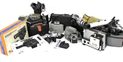 Cameras and equipment, including a Cosmic 35 camera, Sekonic Dualmatic-50 cameras, GiC movie camera, Canon Autozoom 814 camera, and an Agfa Movexoom 10 sound camera, boxed. (a quantity)