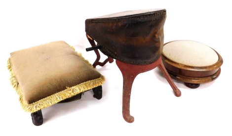 Victorian cast iron foot bellows, together with two footstools. (3)