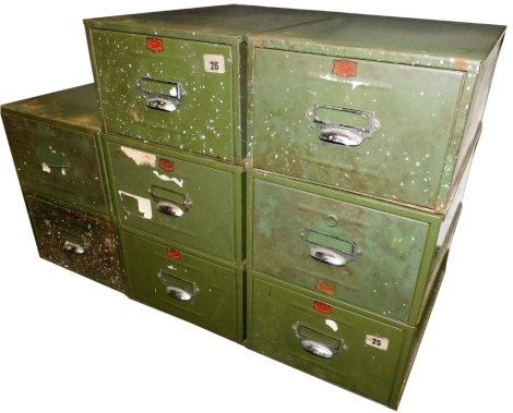 Eight early 20thC vintage Veteran series green metal filing drawers, with cup handles, each 26cm wide, 40cm deep.