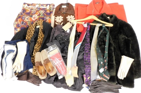 Lady's and gentleman's clothing, including a pair of Prada driving shoes, Pierre Cardin and Trevelion silk ties, leather gloves, a Jill faux fur trimmed fashion coat, red duffel coat, Martinique skirt, and a floral embroidered leather jacket. (a quantity)