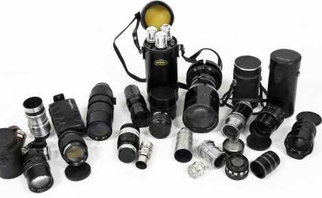 A Taylor-Hobson Ortal 12½'' TV lens, Pentacon electric 2.8/135 lens, Saitex MC auto zoom lens, further lenses, some cased, together with a Britvic triple flask, cased. (a quantity)