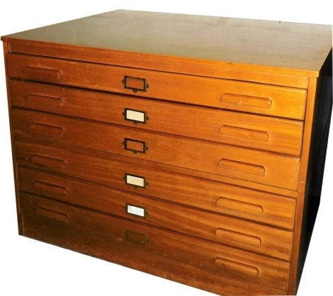 A mid century teak plan chest, of six drawers, raised on a plinth base, 86cm high, 115cm wide, 92cm deep.