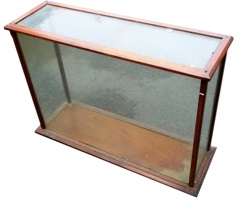 An early 20thC mahogany framed display case, with glass front sides and back, 63cm high, 85cm wide, 27cm deep.