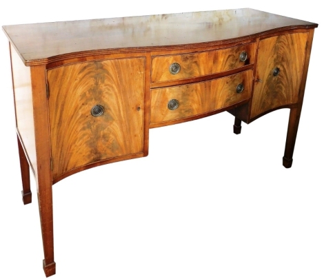 A 20thC flame mahogany serpentine sideboard, centred by two drawers flanked by cupboards, on square tapering legs terminating in spade feet, 93cm high, 152cm wide, 60cm deep.