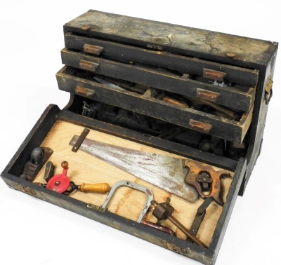 A carpenter's tool chest, with a drop down front opening to reveal three drawers, and contents of moulding planes and other tools, 81cm wide. - 2