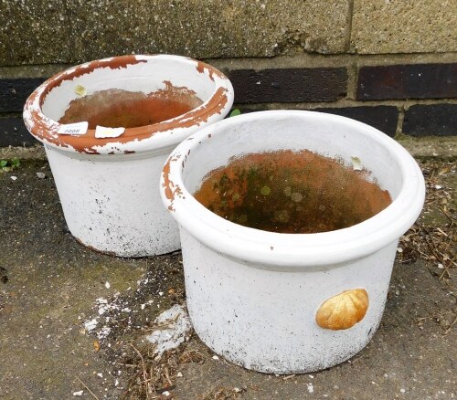 A pair of two handled garden planters, later painted white and gilt, 22cm high, 30cm diameter.