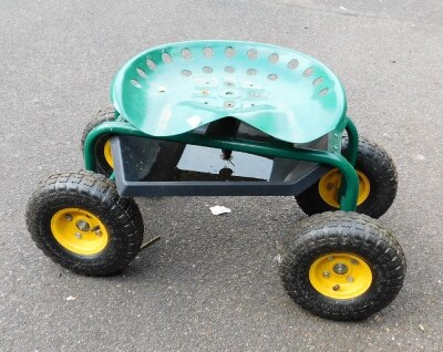 A mobile garden seat, on wheels.