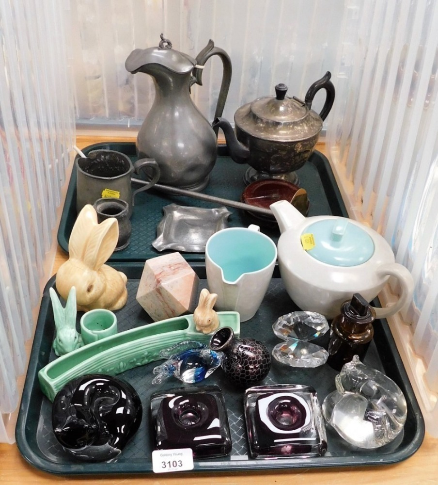 A Poole Pottery teapot, in grey with turquoise lid, matching milk jug, Sylvac pottery rabbit (AF