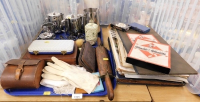 Bygones, collectables, etc., to include carving set, leather gloves, cased clothes brushes, various plated wares, shell shaped open salts, Royal related newspapers, travel Monopoly, etc. (2 trays and loose)