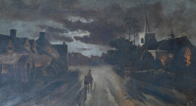 A B G (19thC). Figures on a path in the evening before church, oil on canvas, initialled, 25cm x 45cm.