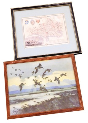 A 19thC coloured map of Dorsetshire, engraved by W. Schmollinger, London, 20cm x 25cm, and after Peter Scott, ducks in flight, print, (2).