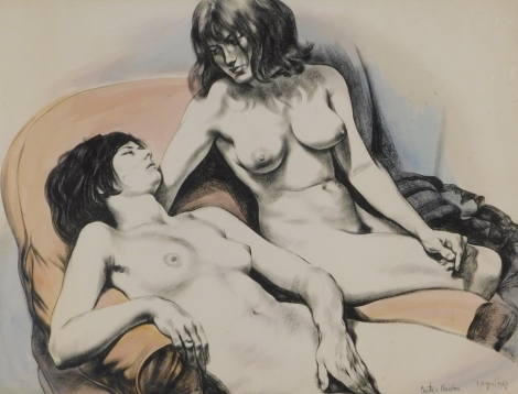 T. Aiguier (fl.1968). Christa and Christine nudes, mixed media, signed titled and dated, 58cm x 80cm.