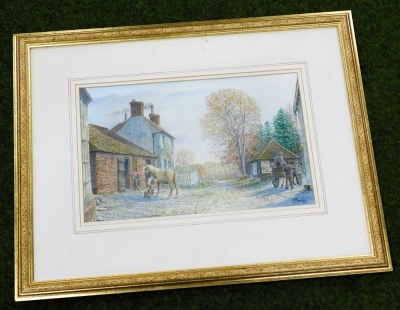 M. Bensley. Village scene with blacksmith and horse, etc., watercolour, signed, 25cm x 39cm. - 2