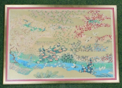 A 20thC Japanese colour landscape print, depicting cranes, peacocks, peonies, blossom and other flora, plate size 64cm x 95cm. - 2