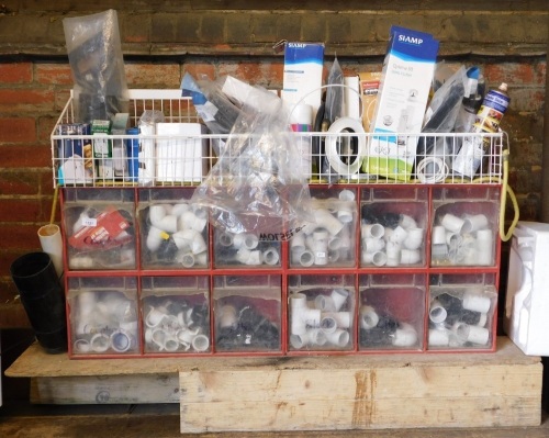 A stock of plastic piping and other sundries, and a plastic drop down linbin. Note: VAT is payable on the hammer price of this lot at 20%.