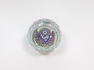 A Whitefriars faceted glass and concentric millefiori paperweight, with dated cane for 1973, 7cm diameter. - 4