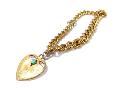 A Victorian curb link bracelet, with heart shaped charm, set with a turquoise, 3cm high, with chain, 16cm long, unmarked.