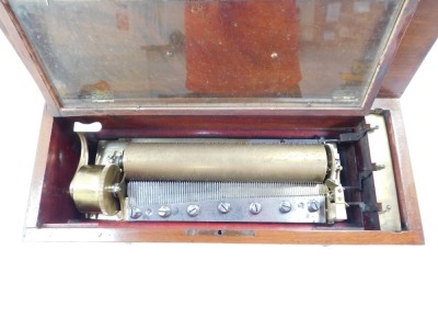An Edwardian mahogany music box, with inlaid panelled top and door, opening to reveal a fitted music box interior, 12cm high, 40cm wide, 15cm deep. - 2