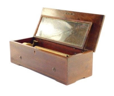 An Edwardian mahogany music box, with inlaid panelled top and door, opening to reveal a fitted music box interior, 12cm high, 40cm wide, 15cm deep. - 3