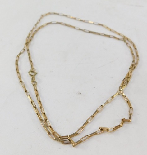 A 9ct gold elongated box link neck chain, 5.8g, 72cm long.