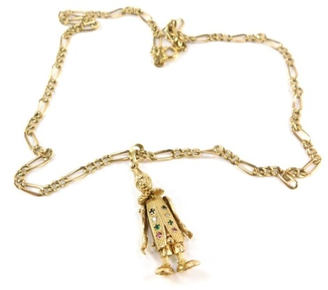 A 9ct gold pendant and chain, the 9ct gold articulated clown pendant set with semi precious stones on a figaro 9ct gold chain, 16.6 g all in, pendant 6cm high, the chain 54cm long.