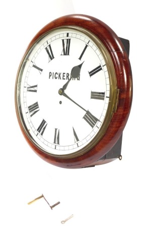 A late 19thC circular mahogany wall clock, with later white numeric painted dial, bearing Roman numerals and 'PICKERING', single fusee movement, with key, 44cm wide.