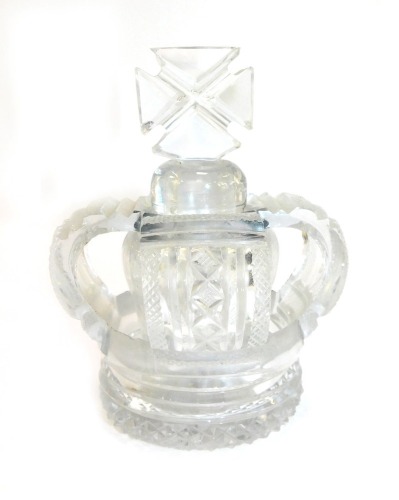 A 19thC cut glass open work crown form scent bottle and stopper.