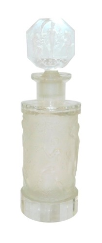 Withdrawn Pre-Sale by Vendor - A Heinrich Hoffmann 1930's glass scent bottle and stopper, of cylindrical form, moulded with Pan leading three dancing Graces, the stopper of cameo form, similarly decorated, bears butterfly mark, 17cm high.