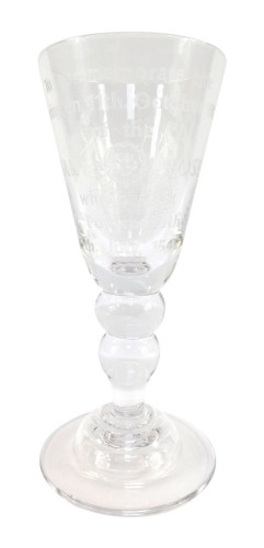 A late 20thC Stourbridge crystal commemorative goblet, decorated by David Smith, to commemorate the Raising on 11th October 1982 of the Mary Rose, which sank near Portsmouth, on 19th July 1545, raised on a bubble knop stem over a conical foot, etched mark