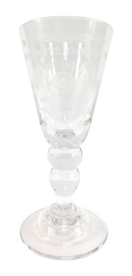 A late 20thC Stourbridge crystal commemorative goblet, decorated by David Smith, to commemorate the Raising on 11th October 1982 of the Mary Rose, which sank near Portsmouth, on 19th July 1545, raised on a bubble knop stem over a conical foot, etched mark