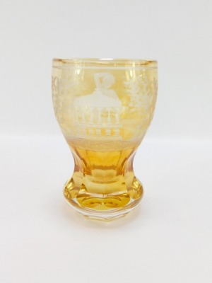 An early 20thC Bohemian flashed glass goblet, engraved with a recumbent semi nude female figure, in a garden setting with a Chinese Pagoda, 15cm high. - 3