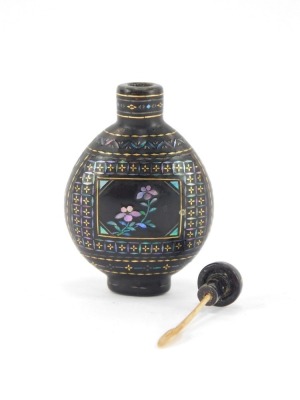 A Japanese Lac Burgaute snuff bottle, possibly 19thC, each side inlaid in mother of pearl with a reserve of flowers against a geometric patterned ground in shell and gold, bears two character senri mark to base, with stopper and spoon, 6.5 high. - 2