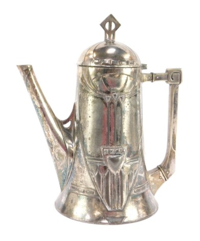 An early 20thC WMF Jugendstil silver plated coffee pot, with a hinged lid, of outswept form, with angular handle and spout, cast with stylised flowers, impressed marks, 24.5cm high.