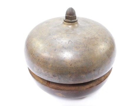 A brass reception bell, on a wooden mounted base, 20cm wide.