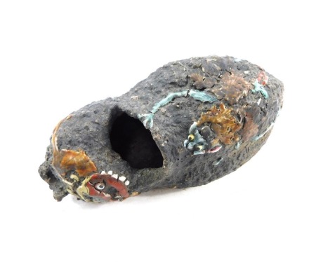 A Japanese Meiji period metal pouch, of gourd form, enamel decorated with beasts, 14cm wide.