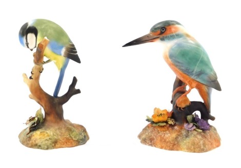 Two Royal Doulton bird ornaments, comprising Kingfisher, matt, 13cm high, and Blue Tit, matt, (heavily AF), 12cm high, boxed. (2)