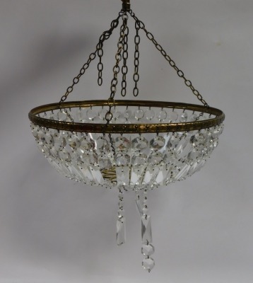 A mid 20thC cut glass chandelier, with brilliant and prismatic drops, on a brass frame and hanging, approx 53cm high. - 2