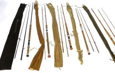 Fishing rods, comprising a Bruce Walker spinner, a 13" split cane No 3 Hardy fly rod, a landing net, cased rod, etc. (a quantity)