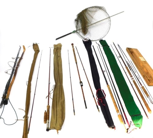 Fishing rods, to include a 13" fly rod split cane No 1 Sharpes, a Clan, short flick cane bait rod, a fly rod 13" split cane No 2 Alcocks, and a Shakespeare rod. (a quantity)