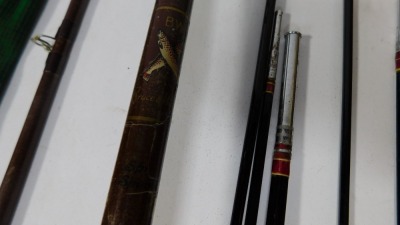 Fishing rods, to include a 13" fly rod split cane No 1 Sharpes, a Clan, short flick cane bait rod, a fly rod 13" split cane No 2 Alcocks, and a Shakespeare rod. (a quantity) - 3